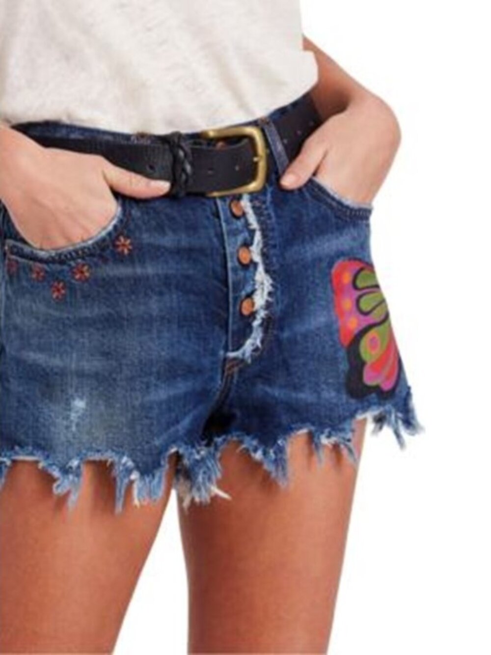 Free People Boulder Beach Boho Hippie Butterfly Frayed Cut Off Shorts Sz 30 NWT